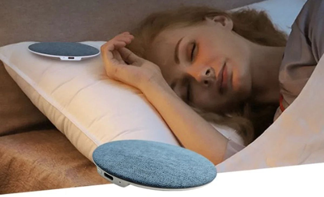 11mm ultra-thin pillow Bluetooth speaker resting on a soft pillow, designed for side sleepers and improved sleep quality