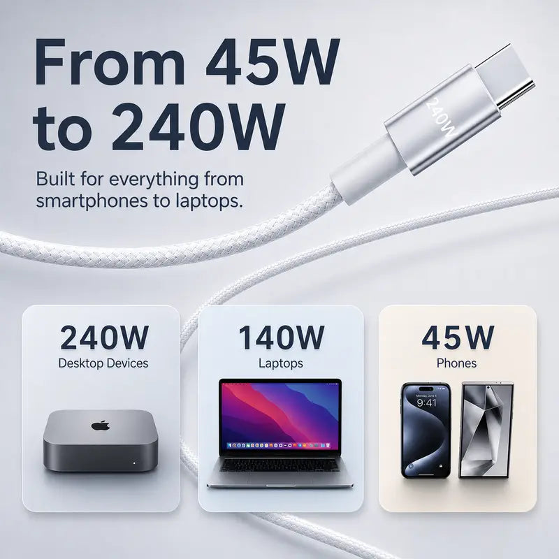 3-in-1 240W Travel Charger with Built-In Magnetic Charger for Apple Watch & AirPods, 5FT Braided USB-C Cable
