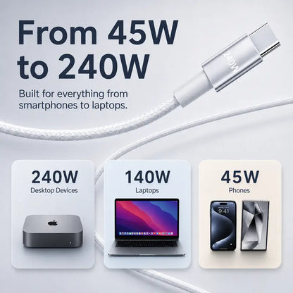 3-in-1 240W Travel Charger with Built-In Magnetic Charger for Apple Watch & AirPods, 5FT Braided USB-C Cable