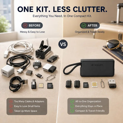 Pocket All-in-One Travel Tech Kit  – Fast Charging, 480Mbps Data Transfer, Adapters, Card Storage & Phone Stand