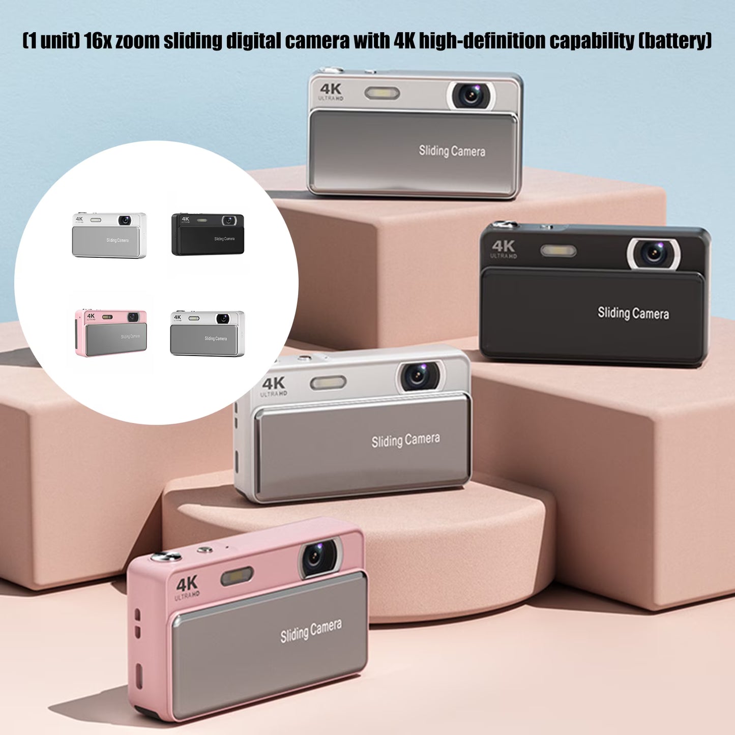 Retro 4K Digital CCD Camera with Sliding Cover – 64MP Pocket Vintage Camera with 2.8" Screen