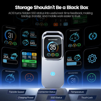 Smart M.2 SSD Enclosure with Touch Screen & Status Monitor | 10Gbps 100W PD Encrypted Hard Drive Case (Up to 8TB, 2230-2280)