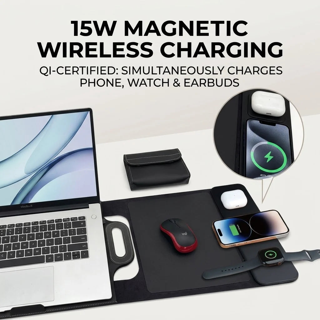 Anywhere Office 5-in-1 Laptop Sleeve with Stand, Desk Mat & Wireless Charger