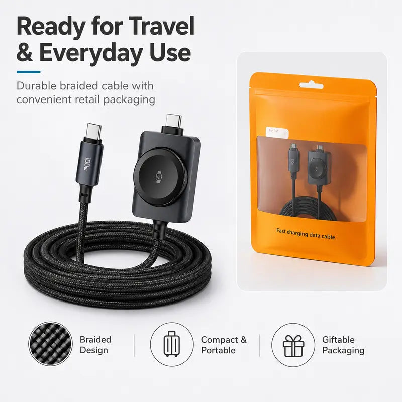 100W PD & 480Mbps Data 2-in-1 Fast Charging Cable,with Magnetic Watch Charger