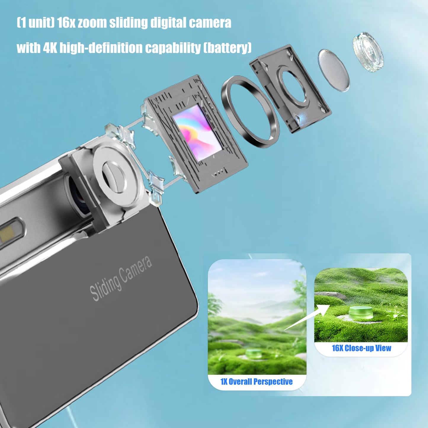 Retro 4K Digital CCD Camera with Sliding Cover – 64MP Pocket Vintage Camera with 2.8" Screen