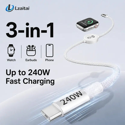 3-in-1 240W Travel Charger with Built-In Magnetic Charger for Apple Watch & AirPods, 5FT Braided USB-C Cable