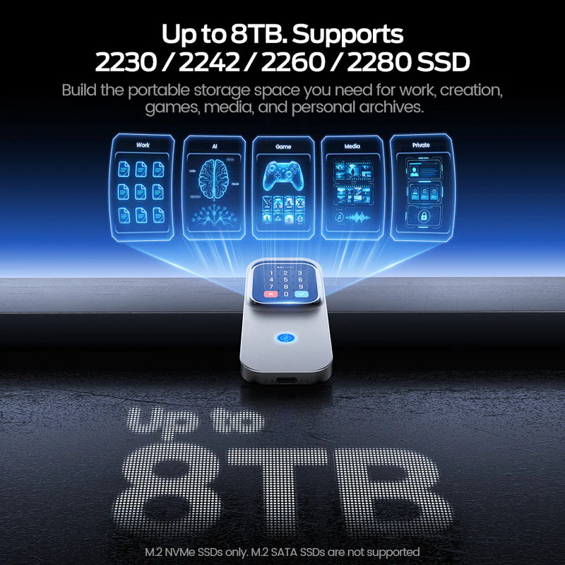 Smart M.2 SSD Enclosure with Touch Screen & Status Monitor | 10Gbps 100W PD Encrypted Hard Drive Case (Up to 8TB, 2230-2280)