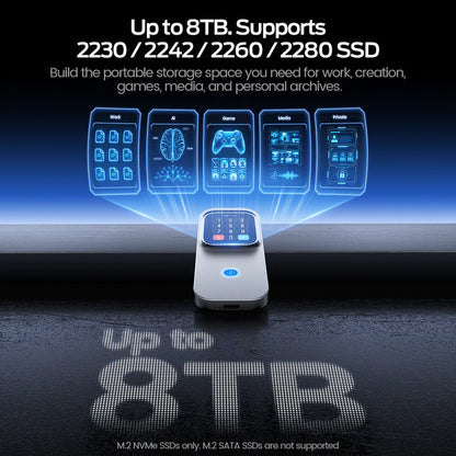 Smart M.2 SSD Enclosure with Touch Screen & Status Monitor | 10Gbps 100W PD Encrypted Hard Drive Case (Up to 8TB, 2230-2280)