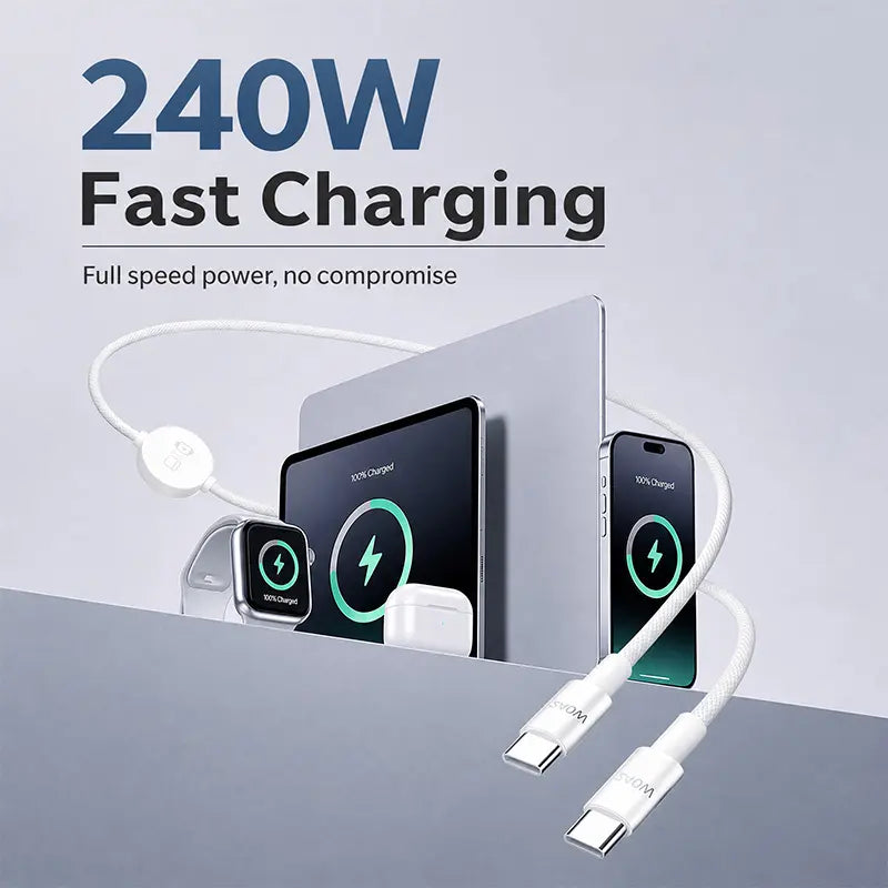 3-in-1 240W Travel Charger with Built-In Magnetic Charger for Apple Watch & AirPods, 5FT Braided USB-C Cable