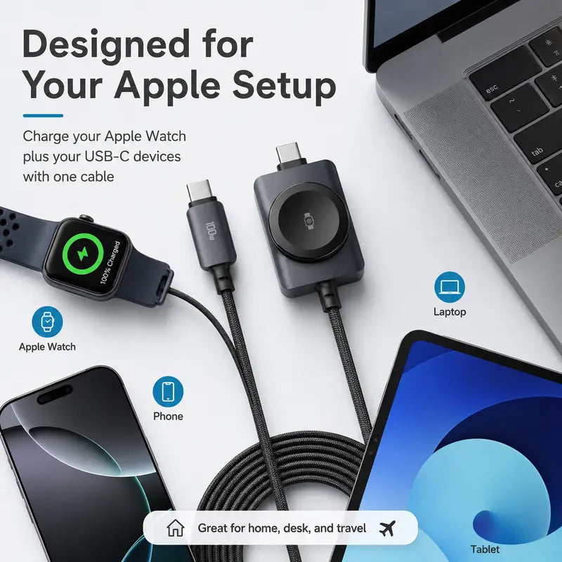 100W PD & 480Mbps Data 2-in-1 Fast Charging Cable,with Magnetic Watch Charger