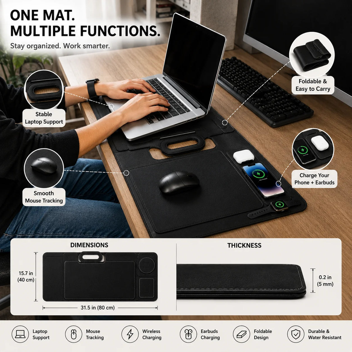 Anywhere Office 5-in-1 Laptop Sleeve with Stand, Desk Mat & Wireless Charger