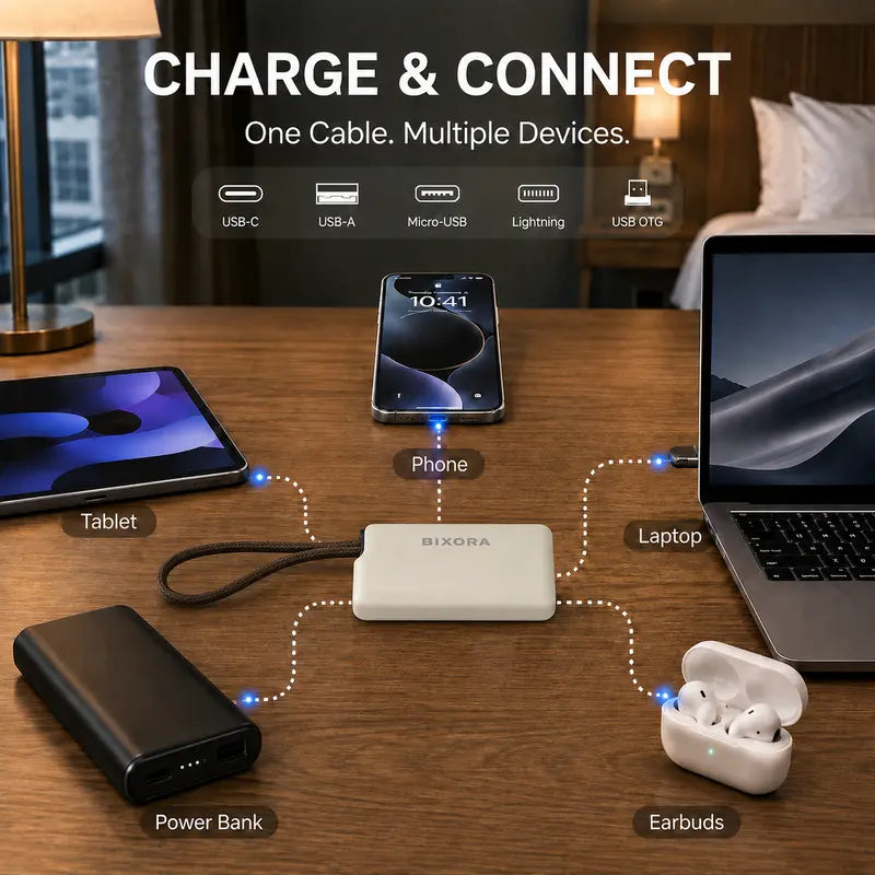 Pocket All-in-One Travel Tech Kit  – Fast Charging, 480Mbps Data Transfer, Adapters, Card Storage & Phone Stand