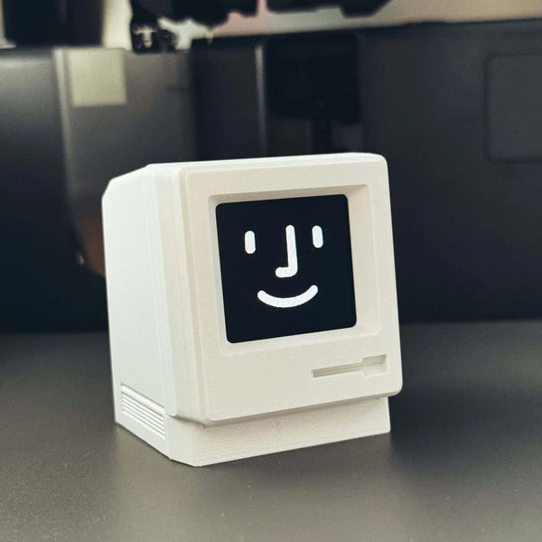Technical view of Bit Mac AI robot highlighting the ESP32-S3 chip compatibility and eco-friendly 3D printed PLA casing.