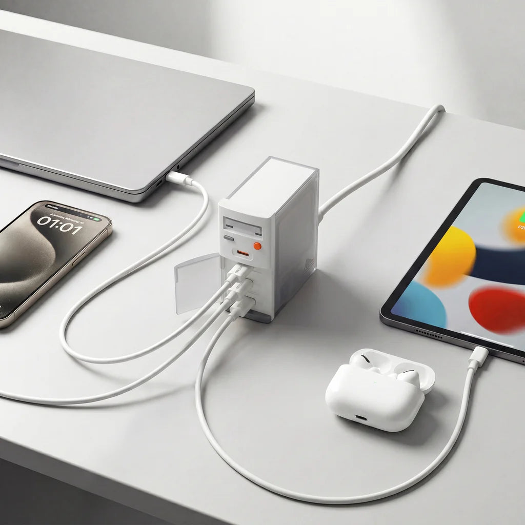 Limited Edition - Retro 100W PD 3.1 GaN 4-Port Fast Charger, 3 USB-C + 1 USB-A, Compact Charger with Ambient Light for Laptop & Phone