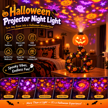 USB Holiday Projector Night Light – Christmas & Halloween Patterns, Warm LED Room Decor for Bedroom & Parties