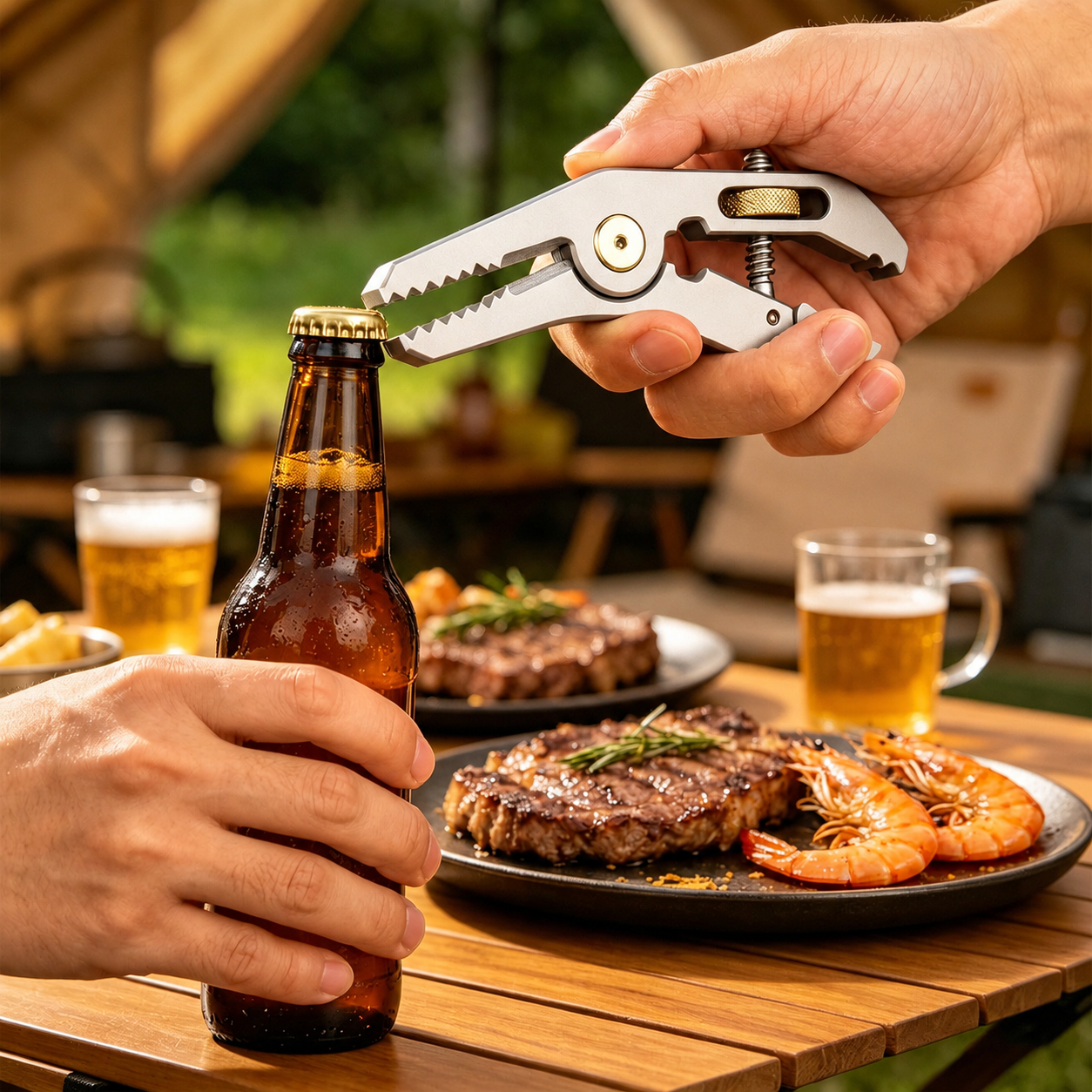 Using Pocket Grip 5-in-1 multi-tool wrench during outdoor camping to fix gear and equipment.