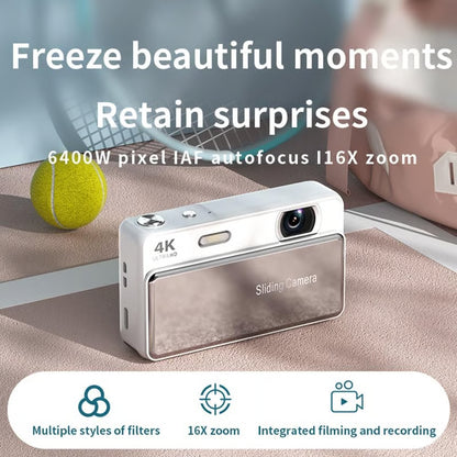 Retro 4K Digital CCD Camera with Sliding Cover – 64MP Pocket Vintage Camera with 2.8" Screen