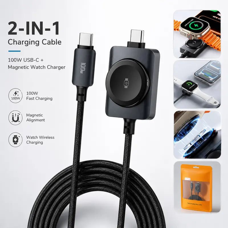 100W PD & 480Mbps Data 2-in-1 Fast Charging Cable,with Magnetic Watch Charger