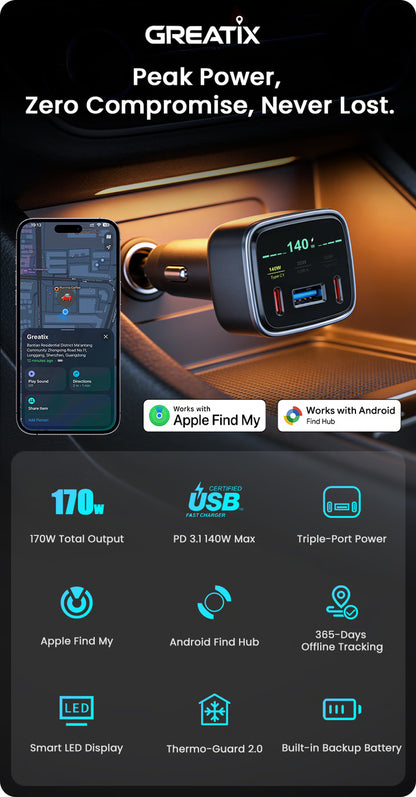 140W Fast Car Charger with Apple Find My & Android Tracking