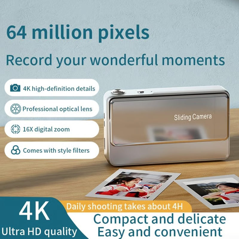 Retro 4K Digital CCD Camera with Sliding Cover – 64MP Pocket Vintage Camera with 2.8" Screen