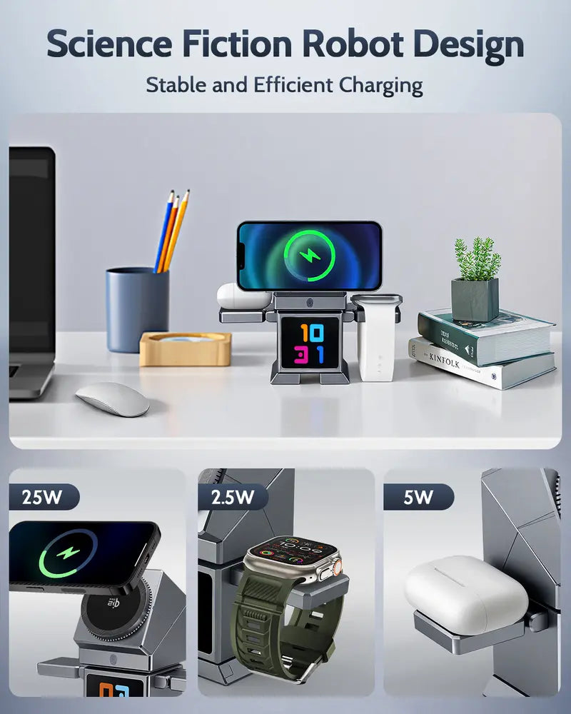 Smart Robot 7-in-1 Wireless Charging Station, Qi2 Certified 25W Magnetic Charger Stand with 45W Adapter