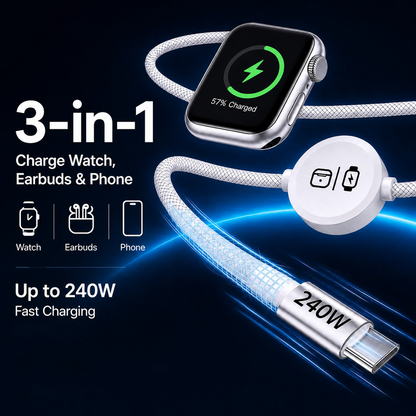 3-in-1 240W Travel Charger with Built-In Magnetic Charger for Apple Watch & AirPods, 5FT Braided USB-C Cable