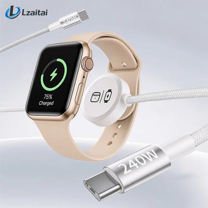 3-in-1 240W Travel Charger with Built-In Magnetic Charger for Apple Watch & AirPods, 5FT Braided USB-C Cable