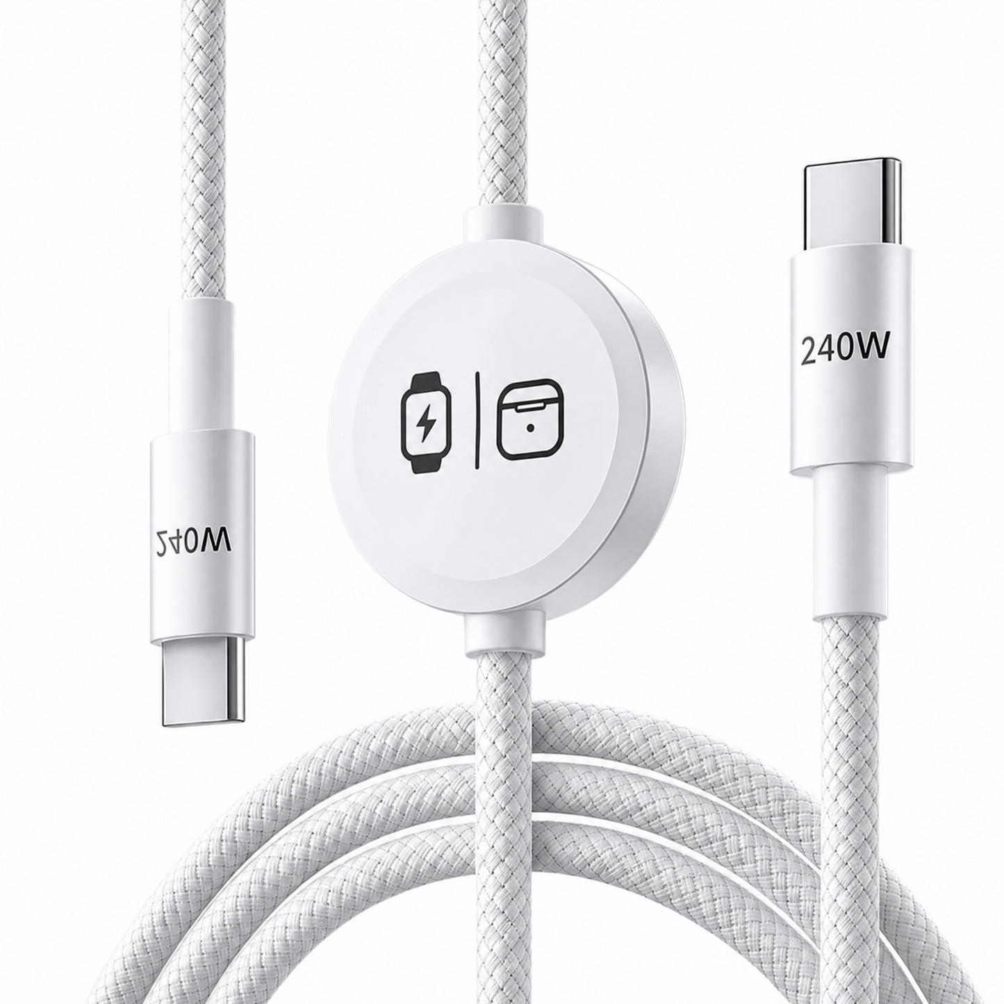 3-in-1 240W Travel Charger with Built-In Magnetic Charger for Apple Watch & AirPods, 5FT Braided USB-C Cable