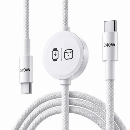 3-in-1 240W Travel Charger with Built-In Magnetic Charger for Apple Watch & AirPods, 5FT Braided USB-C Cable