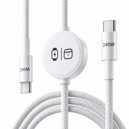 3-in-1 240W Travel Charger with Built-In Magnetic Charger for Apple Watch & AirPods, 5FT Braided USB-C Cable